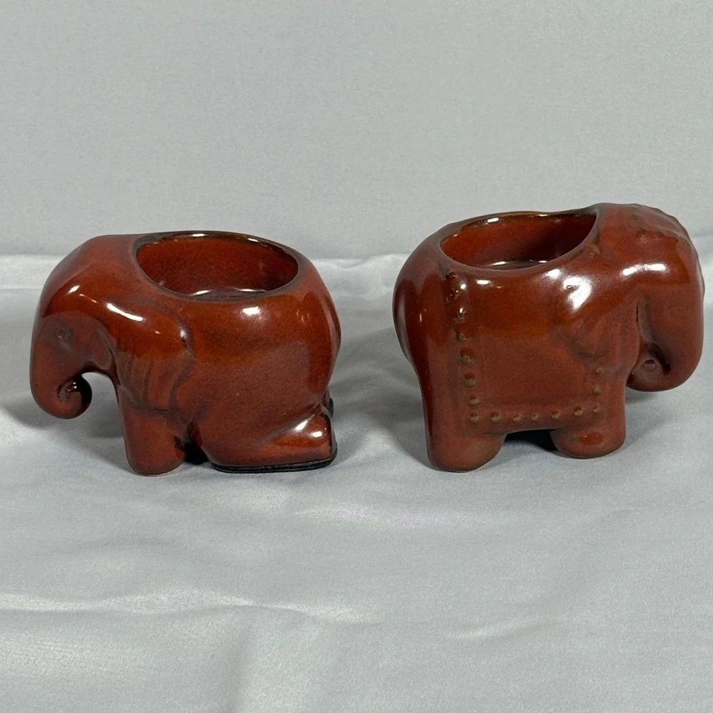 2 Partylite Elephant Votive Tea Light Candle Holders VTG Brown‎ Thai EUC